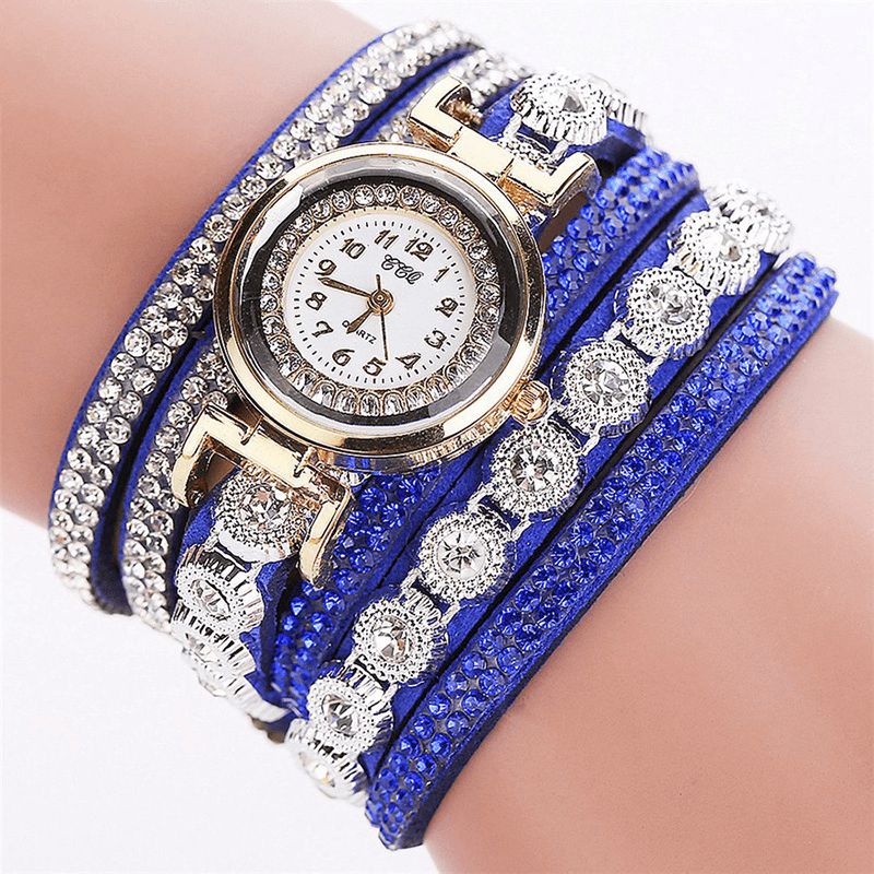 CCq Fashion Luxury Rhinestone Pu Leather Band Kvinner Quartz Armbånd Watch