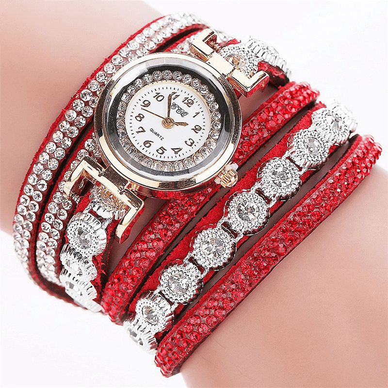 CCq Fashion Luxury Rhinestone Pu Leather Band Kvinner Quartz Armbånd Watch