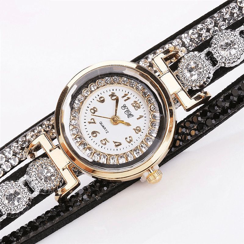 CCq Fashion Luxury Rhinestone Pu Leather Band Kvinner Quartz Armbånd Watch