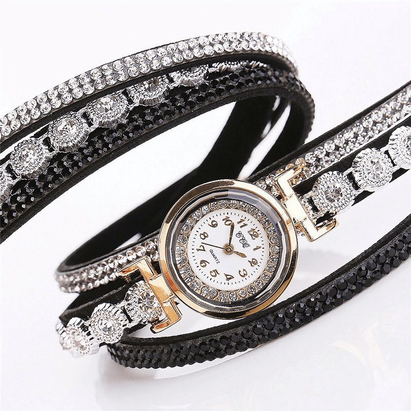 CCq Fashion Luxury Rhinestone Pu Leather Band Kvinner Quartz Armbånd Watch