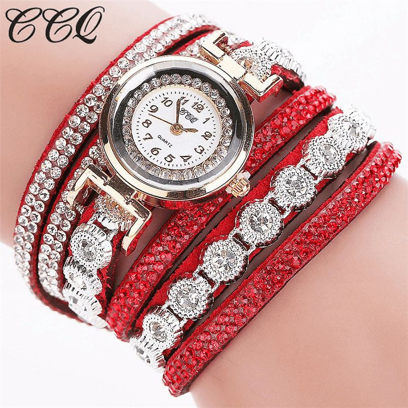 CCq Fashion Luxury Rhinestone Pu Leather Band Kvinner Quartz Armbånd Watch