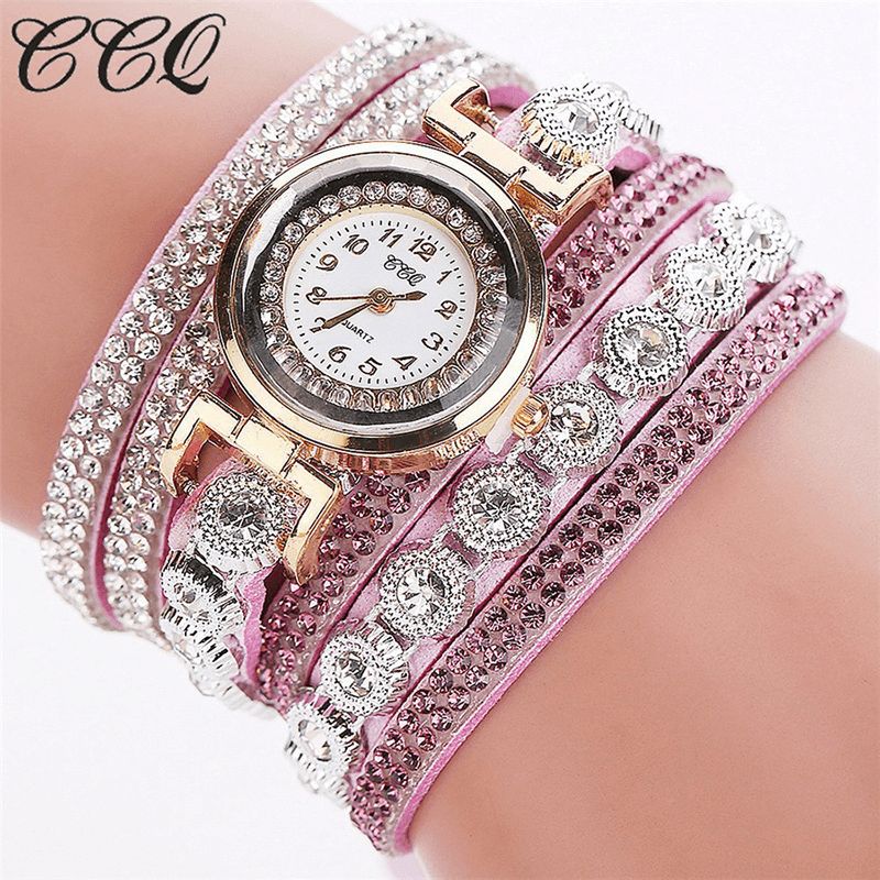 CCq Fashion Luxury Rhinestone Pu Leather Band Kvinner Quartz Armbånd Watch