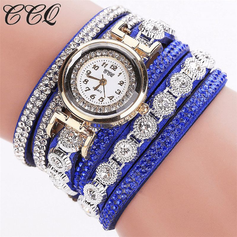 CCq Fashion Luxury Rhinestone Pu Leather Band Kvinner Quartz Armbånd Watch