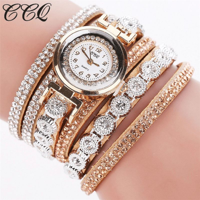 CCq Fashion Luxury Rhinestone Pu Leather Band Kvinner Quartz Armbånd Watch