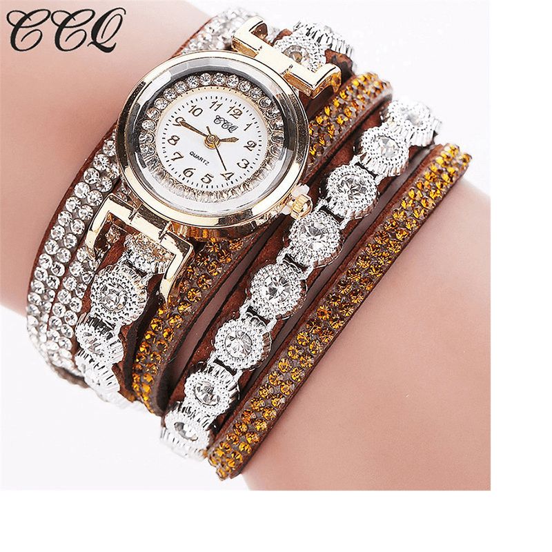 CCq Fashion Luxury Rhinestone Pu Leather Band Kvinner Quartz Armbånd Watch