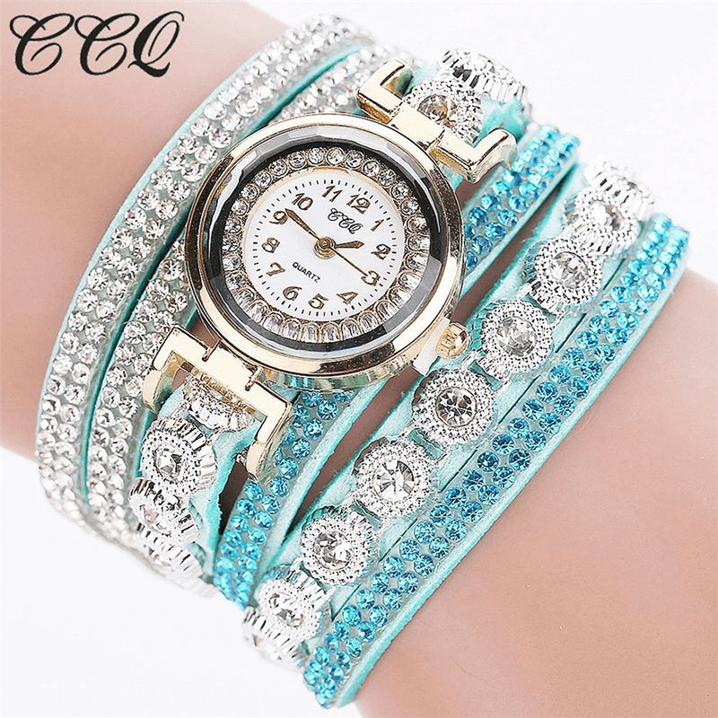 CCq Fashion Luxury Rhinestone Pu Leather Band Kvinner Quartz Armbånd Watch