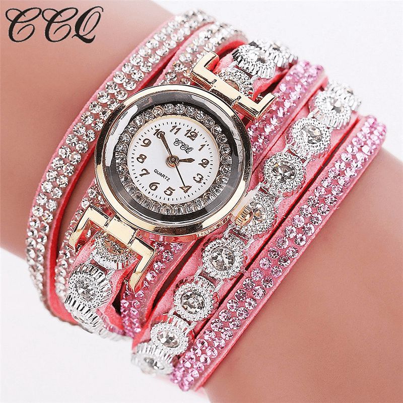 CCq Fashion Luxury Rhinestone Pu Leather Band Kvinner Quartz Armbånd Watch