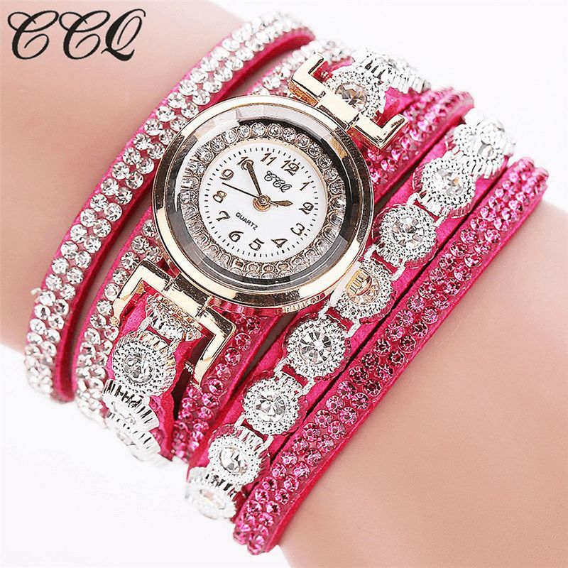 CCq Fashion Luxury Rhinestone Pu Leather Band Kvinner Quartz Armbånd Watch