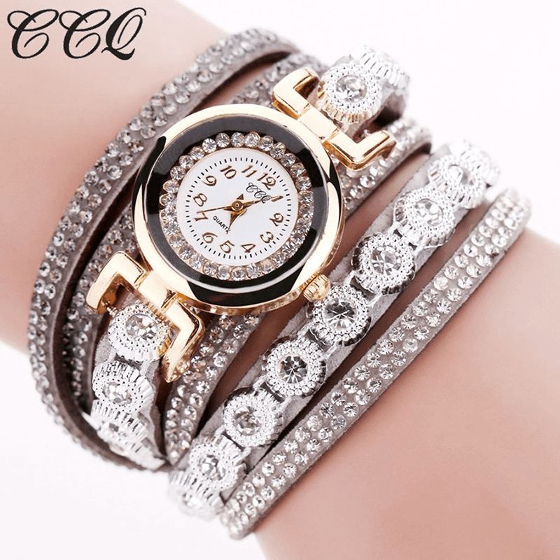 CCq Fashion Luxury Rhinestone Pu Leather Band Kvinner Quartz Armbånd Watch