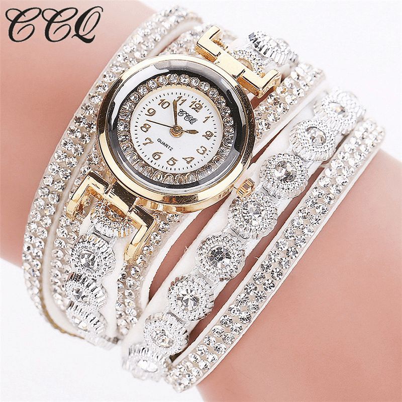 CCq Fashion Luxury Rhinestone Pu Leather Band Kvinner Quartz Armbånd Watch