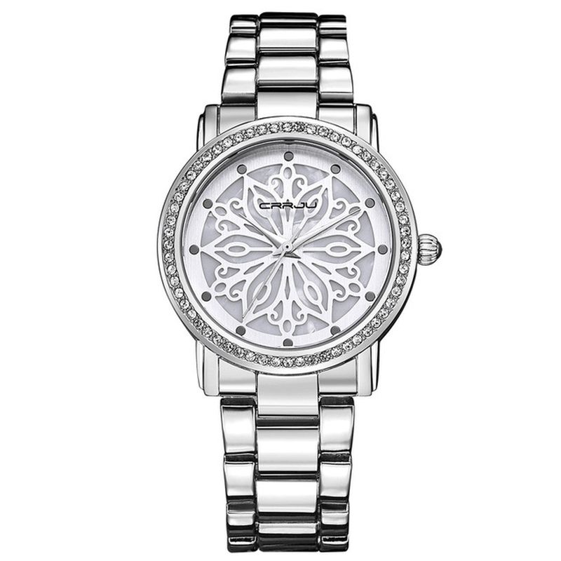 Crrju 2109 Diamonds Dial Case Dame Armbåndsur Rustfritt Stål Kvartsklokkees