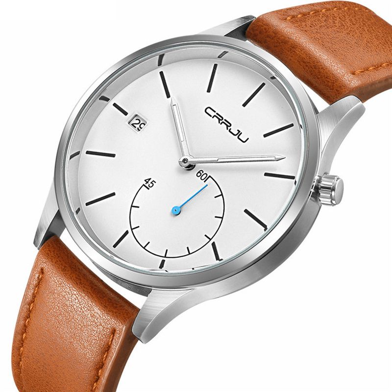 Crrju 2129 Casual Calendar Lærrem Working-Dials Herre Armbåndsur Kvartsklokke