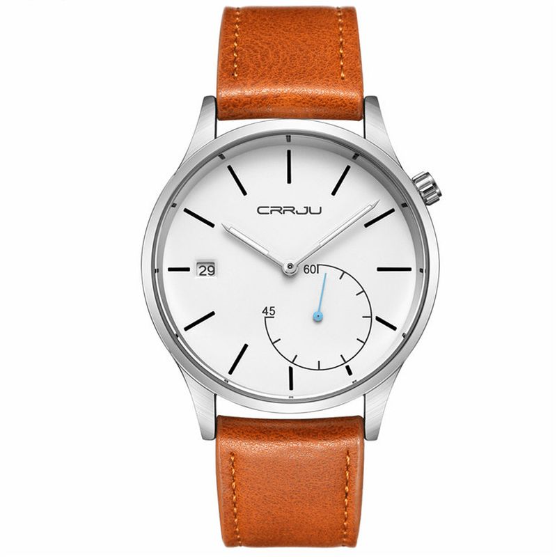 Crrju 2129 Casual Calendar Lærrem Working-Dials Herre Armbåndsur Kvartsklokke