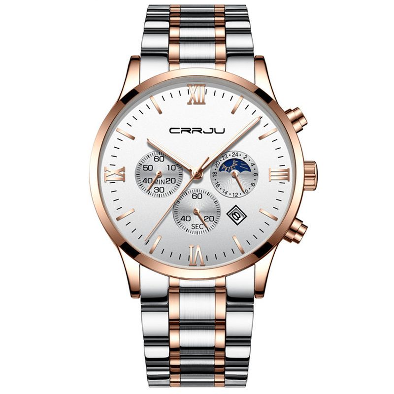 Crrju 2159 Creative Sun Moon Menn Business Style Chrono 316L Rustfri Stålrem Kvartsklokke