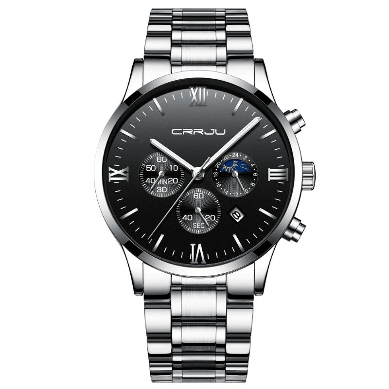 Crrju 2159 Creative Sun Moon Menn Business Style Chrono 316L Rustfri Stålrem Kvartsklokke