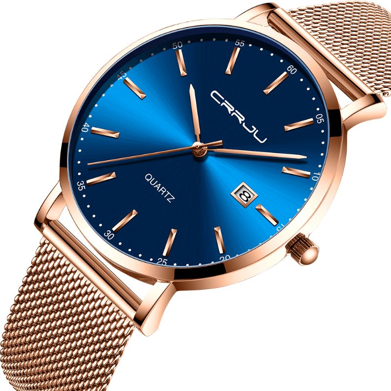 Crrju 2161 Business Style Dato Display Luxury Blue Dial Full Stålreim Herre Kvartsklokke