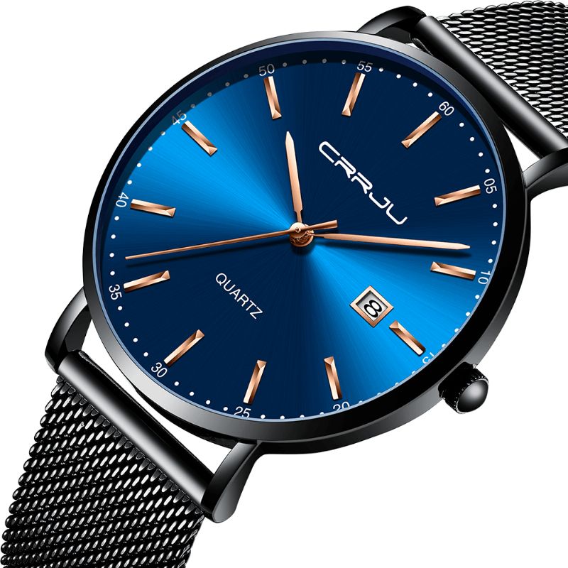 Crrju 2161 Business Style Dato Display Luxury Blue Dial Full Stålreim Herre Kvartsklokke