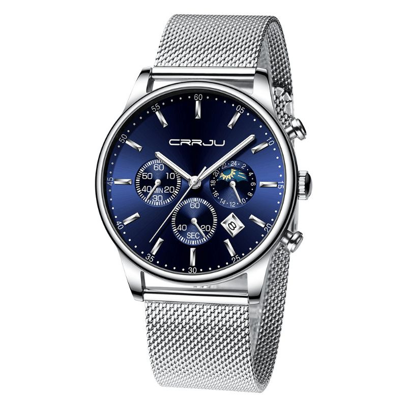 Crrju 2266 Fashion Full Steel Mesh Kalender Chronograph 24 Hours Herre Kvartsklokke