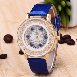 Crystal Shining Dress Dame Watch Rose Gold Case Leather Strap Quartz Klokker