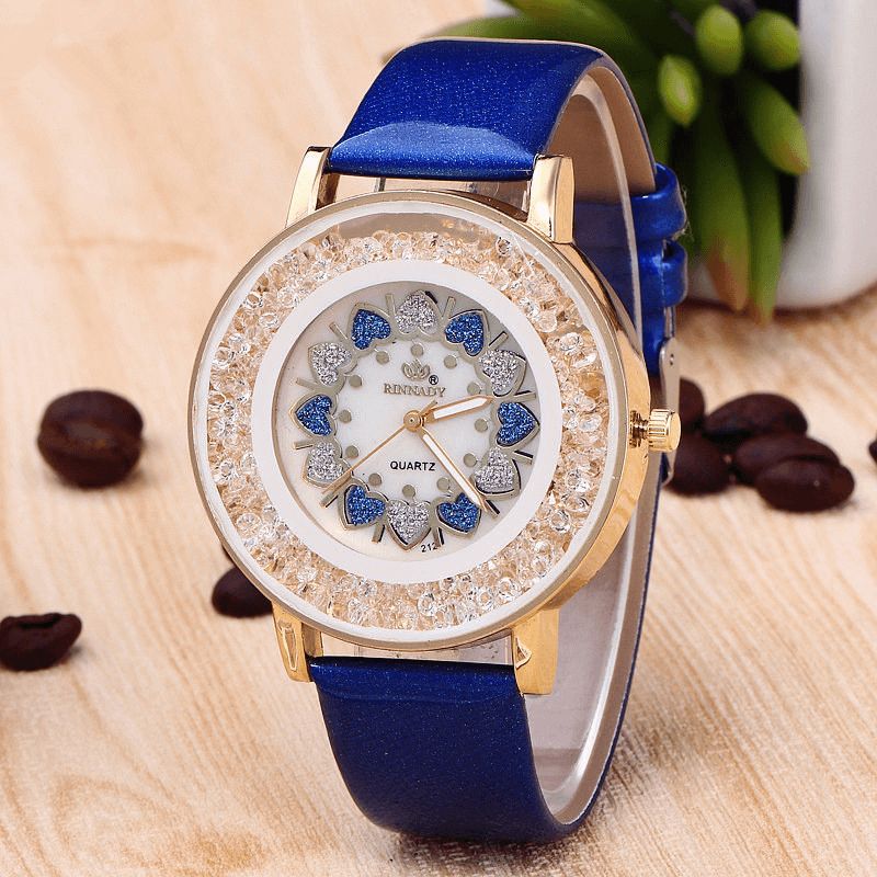 Crystal Shining Dress Dame Watch Rose Gold Case Leather Strap Quartz Klokker