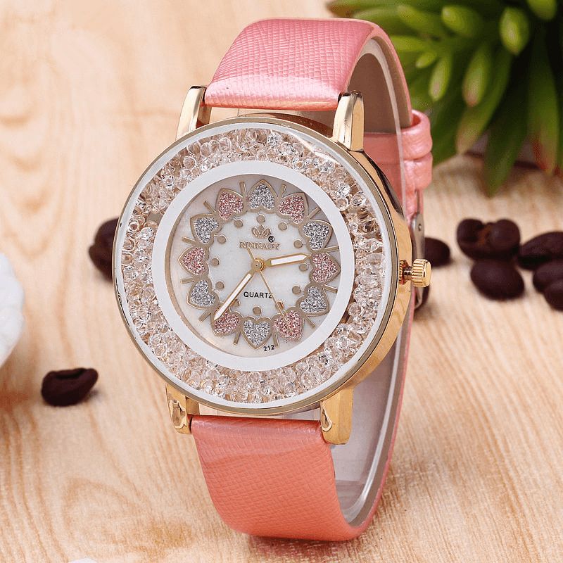 Crystal Shining Dress Dame Watch Rose Gold Case Leather Strap Quartz Klokker