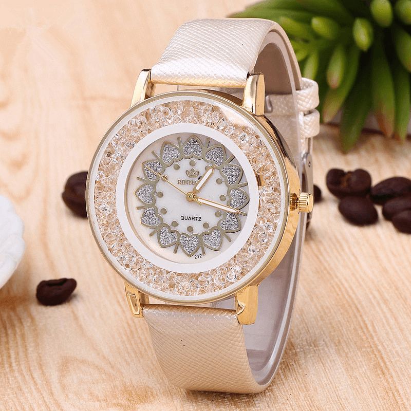 Crystal Shining Dress Dame Watch Rose Gold Case Leather Strap Quartz Klokker