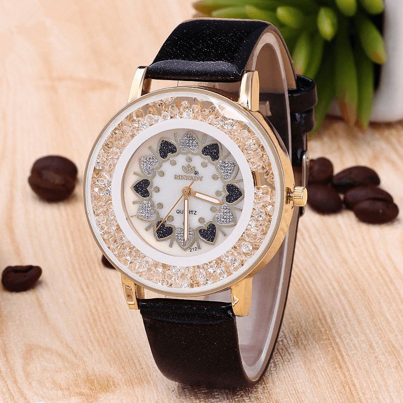 Crystal Shining Dress Dame Watch Rose Gold Case Leather Strap Quartz Klokker