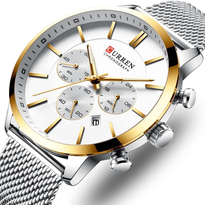 Curren 8340 Chronograph Calendar Herre Armbåndsur Mesh Steel Band Kvartsklokke