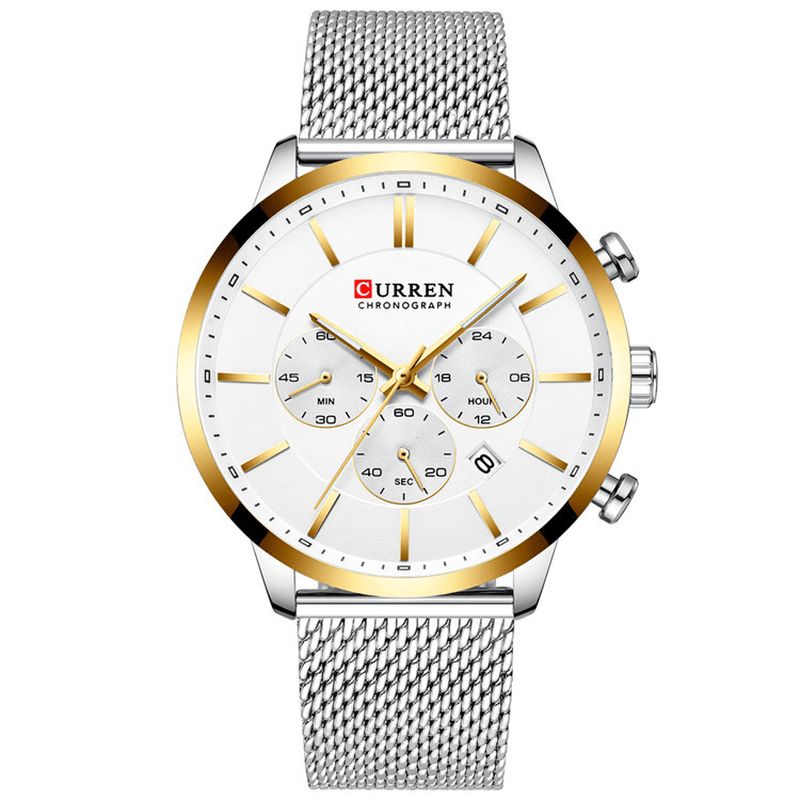 Curren 8340 Chronograph Calendar Herre Armbåndsur Mesh Steel Band Kvartsklokke