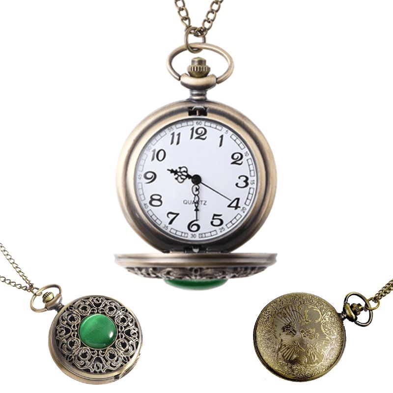 Deffrun Big Dial Pocket Watch Retro Style Green Gem Kvartsklokke