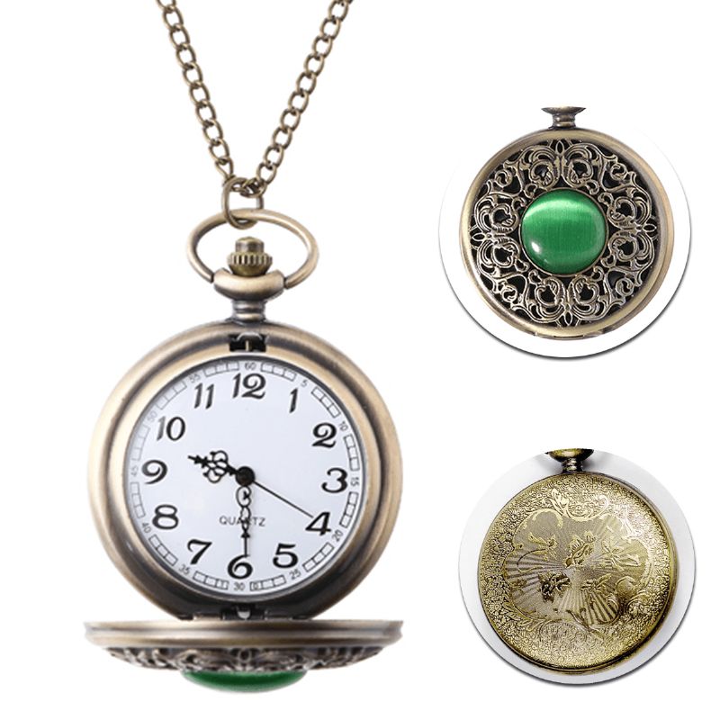 Deffrun Big Dial Pocket Watch Retro Style Green Gem Kvartsklokke