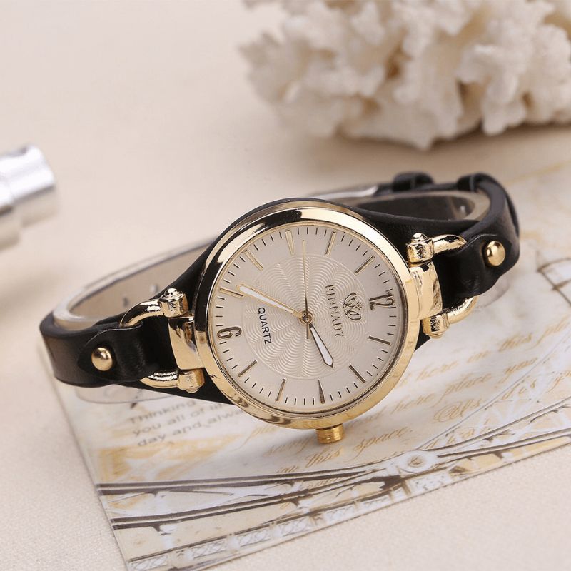 Deffrun Casual Style Fargerik Gold Case Dame Armbåndsur Pu Leather Quartz Klokker