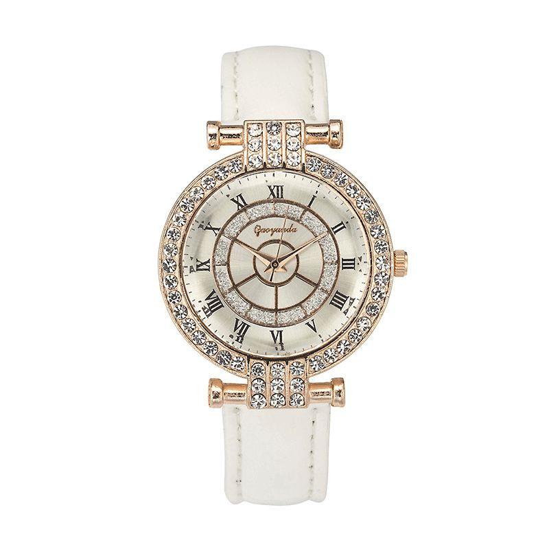 Deffrun Leather Band Kvinner Armbåndsur Casual Style Crystal Kvartsklokke