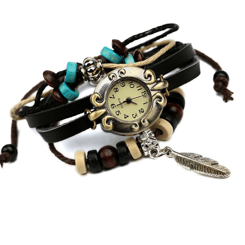 Deffrun Multilayer Cow Leather Band Armbånd Klokke Bladanheng Liten Urskive Kvartsklokke