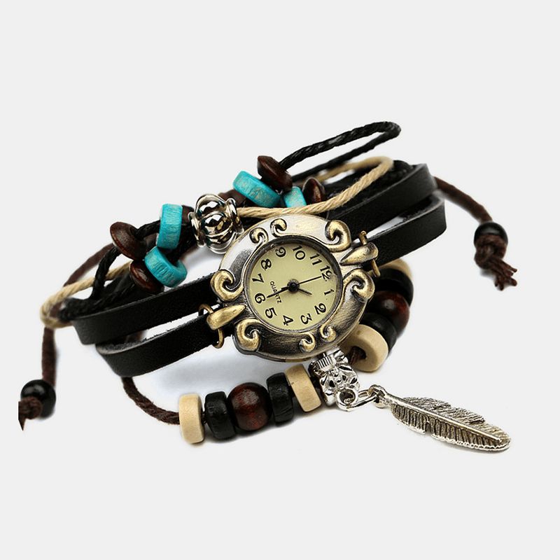 Deffrun Multilayer Cow Leather Band Armbånd Klokke Bladanheng Liten Urskive Kvartsklokke