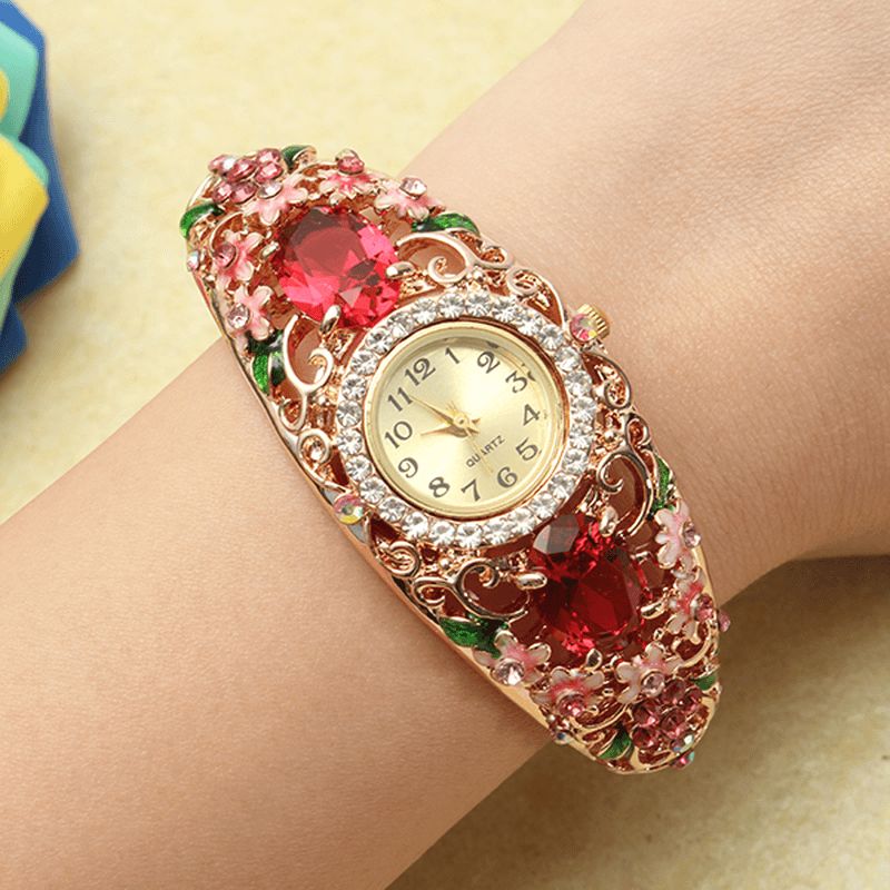 Deffrun Retro Stil Dame Armbånd Watch Flower Diamond Kvartsklokke