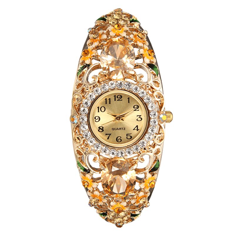 Deffrun Retro Stil Dame Armbånd Watch Flower Diamond Kvartsklokke