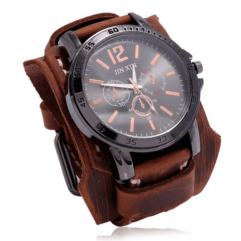 Deffrun Retro Style Dekorative Three Dial Kvartsklokke Cowhide Leather Band Menn Armbåndsur