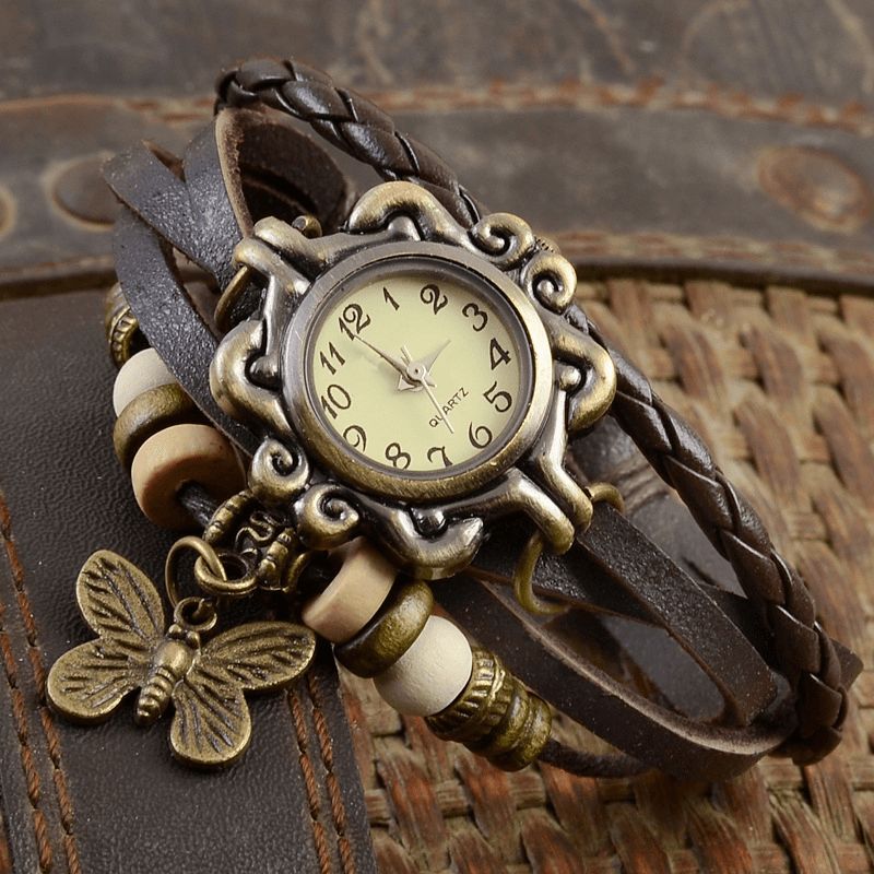 Deffrun Retro Style Flerlags Dame Armbånd Watch Butterfly Pendant Quartz Klokker