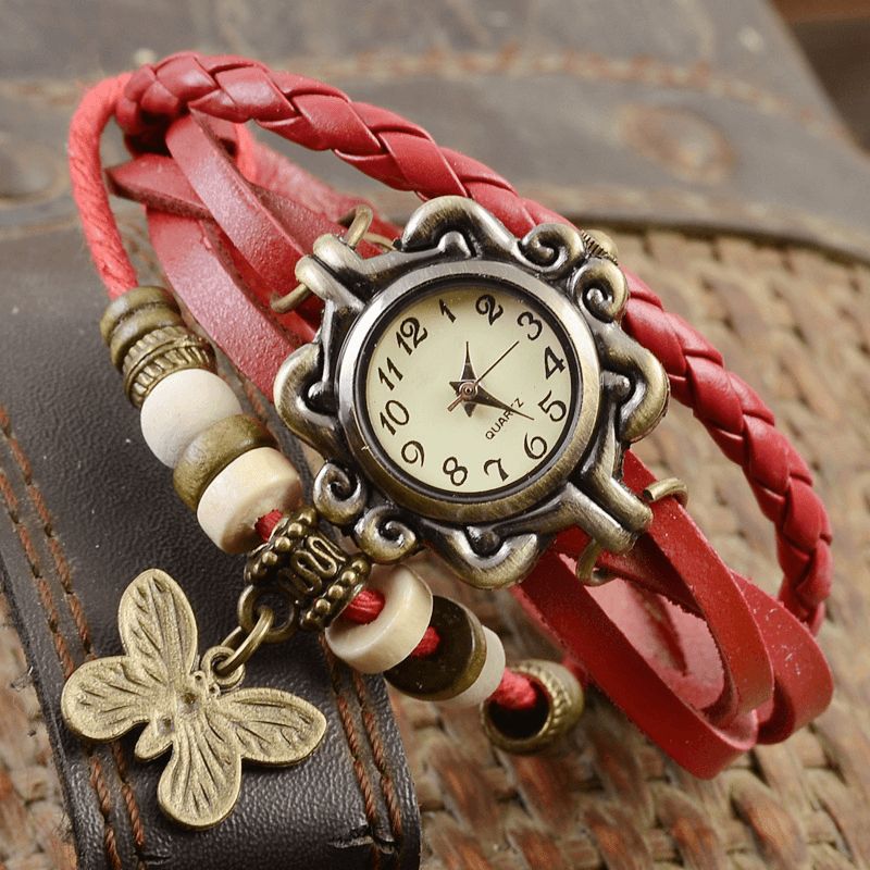 Deffrun Retro Style Flerlags Dame Armbånd Watch Butterfly Pendant Quartz Klokker