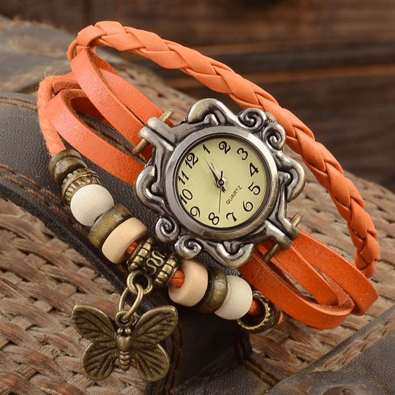 Deffrun Retro Style Flerlags Dame Armbånd Watch Butterfly Pendant Quartz Klokker