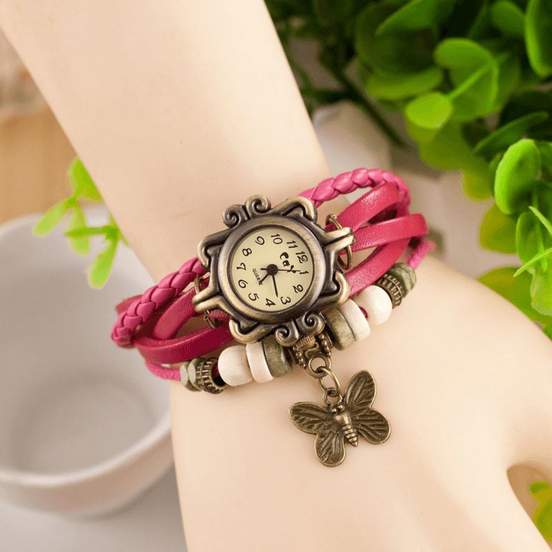 Deffrun Retro Style Flerlags Dame Armbånd Watch Butterfly Pendant Quartz Klokker