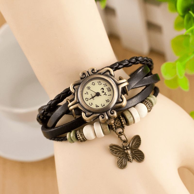 Deffrun Retro Style Flerlags Dame Armbånd Watch Butterfly Pendant Quartz Klokker