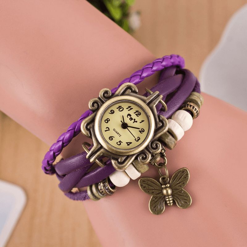 Deffrun Retro Style Flerlags Dame Armbånd Watch Butterfly Pendant Quartz Klokker