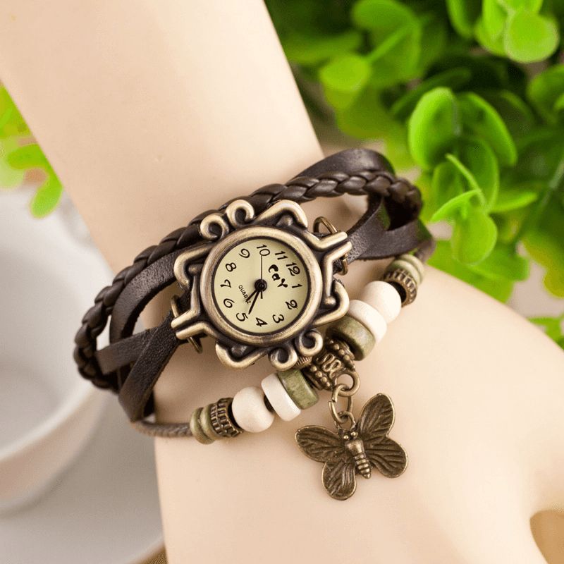 Deffrun Retro Style Flerlags Dame Armbånd Watch Butterfly Pendant Quartz Klokker