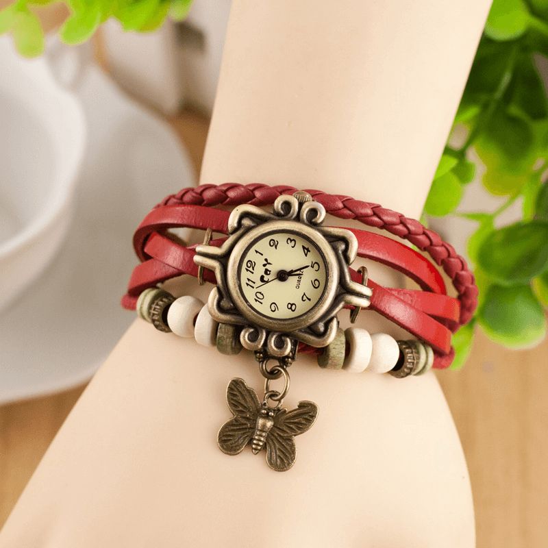 Deffrun Retro Style Flerlags Dame Armbånd Watch Butterfly Pendant Quartz Klokker