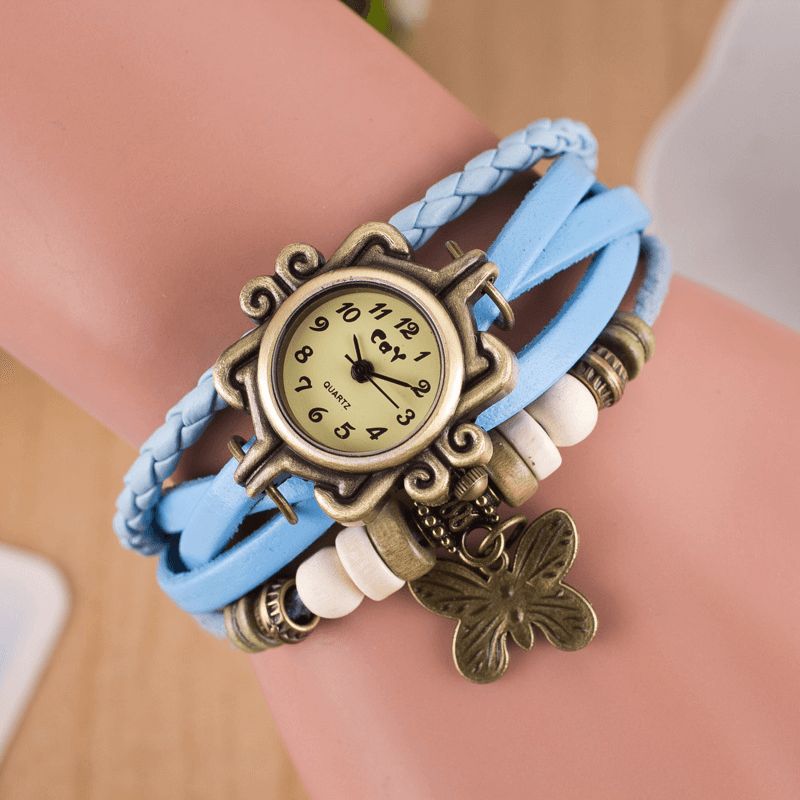 Deffrun Retro Style Flerlags Dame Armbånd Watch Butterfly Pendant Quartz Klokker