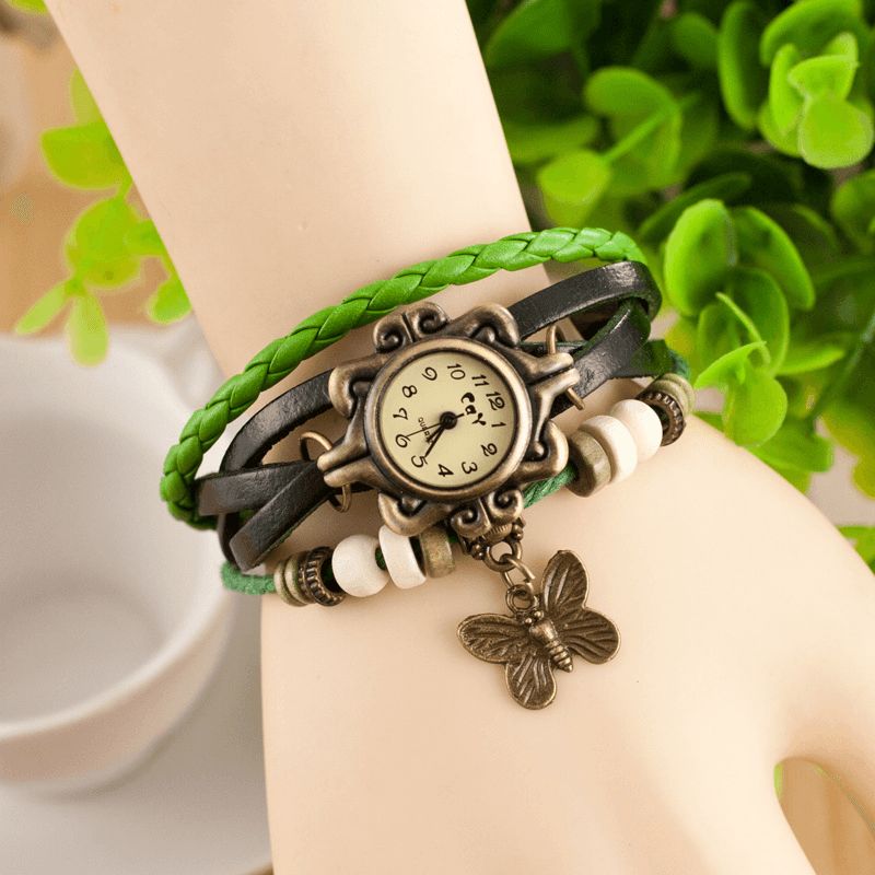 Deffrun Retro Style Flerlags Dame Armbånd Watch Butterfly Pendant Quartz Klokker