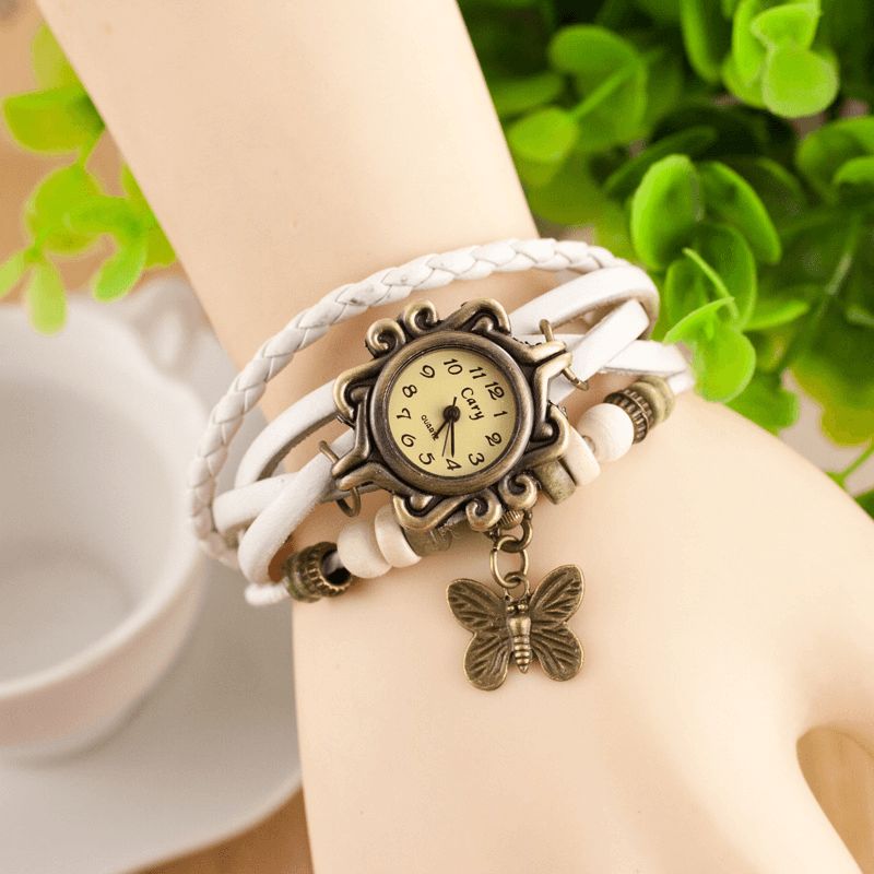 Deffrun Retro Style Flerlags Dame Armbånd Watch Butterfly Pendant Quartz Klokker