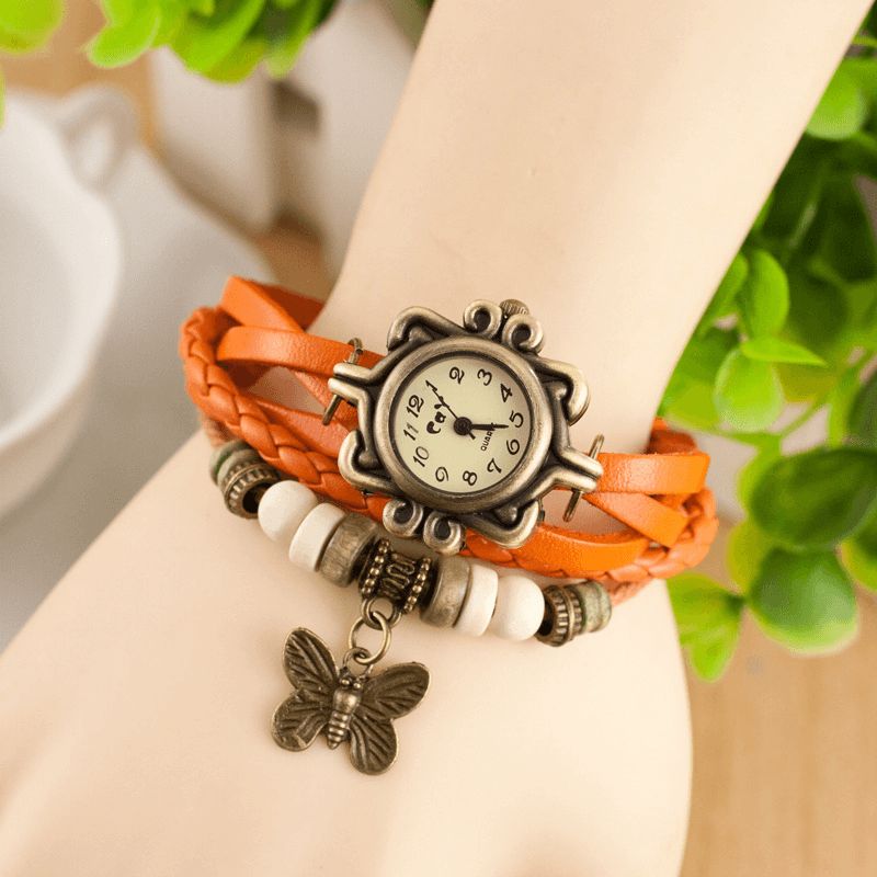 Deffrun Retro Style Flerlags Dame Armbånd Watch Butterfly Pendant Quartz Klokker